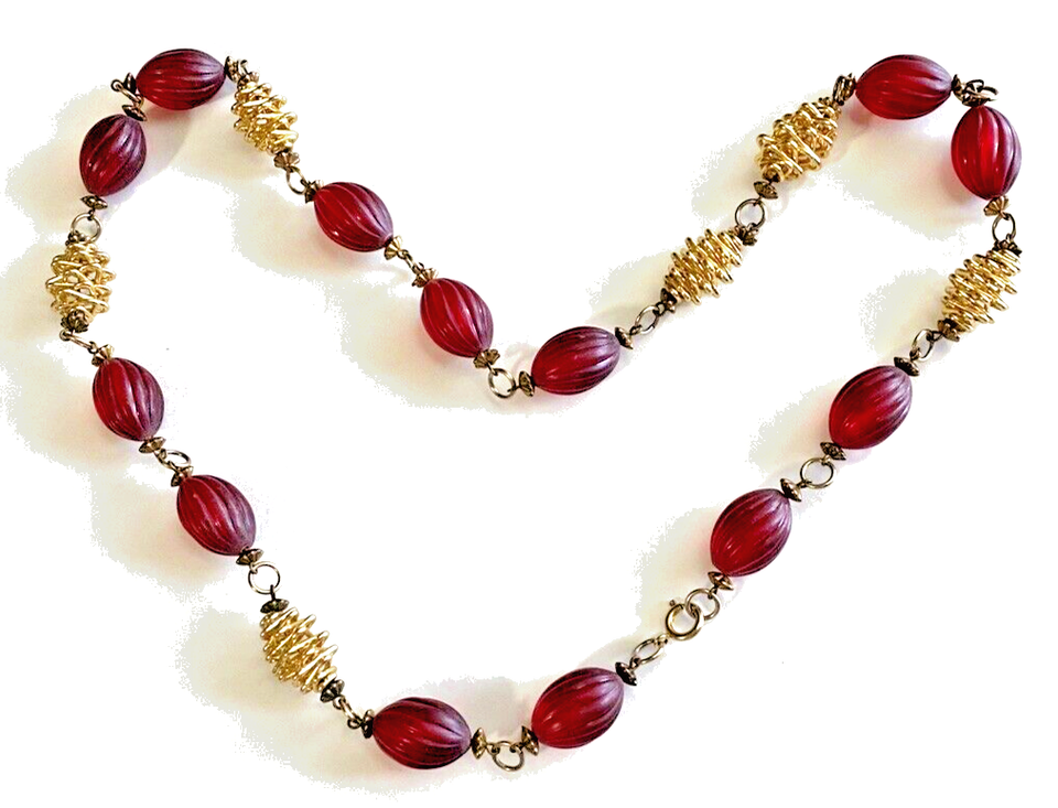 Vintage Red Lucite and Gold Tone Wire Bead Necklace 28 Inch eBay