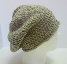 Tan Wool Slouchy Cap Hat Khaki Beanie Baggy Handmade Crochet Hand Knit USA OS