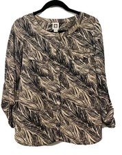Anne Klein Brown Roll Tab Long Sleeve Button Up Shirt Blouse Collarless Sz S