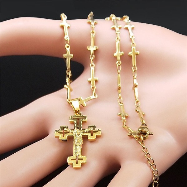 Alternate view of Men's Gold-plated Jesus Christ Face Crucifix Cross Pendant Necklace Lucky Gift