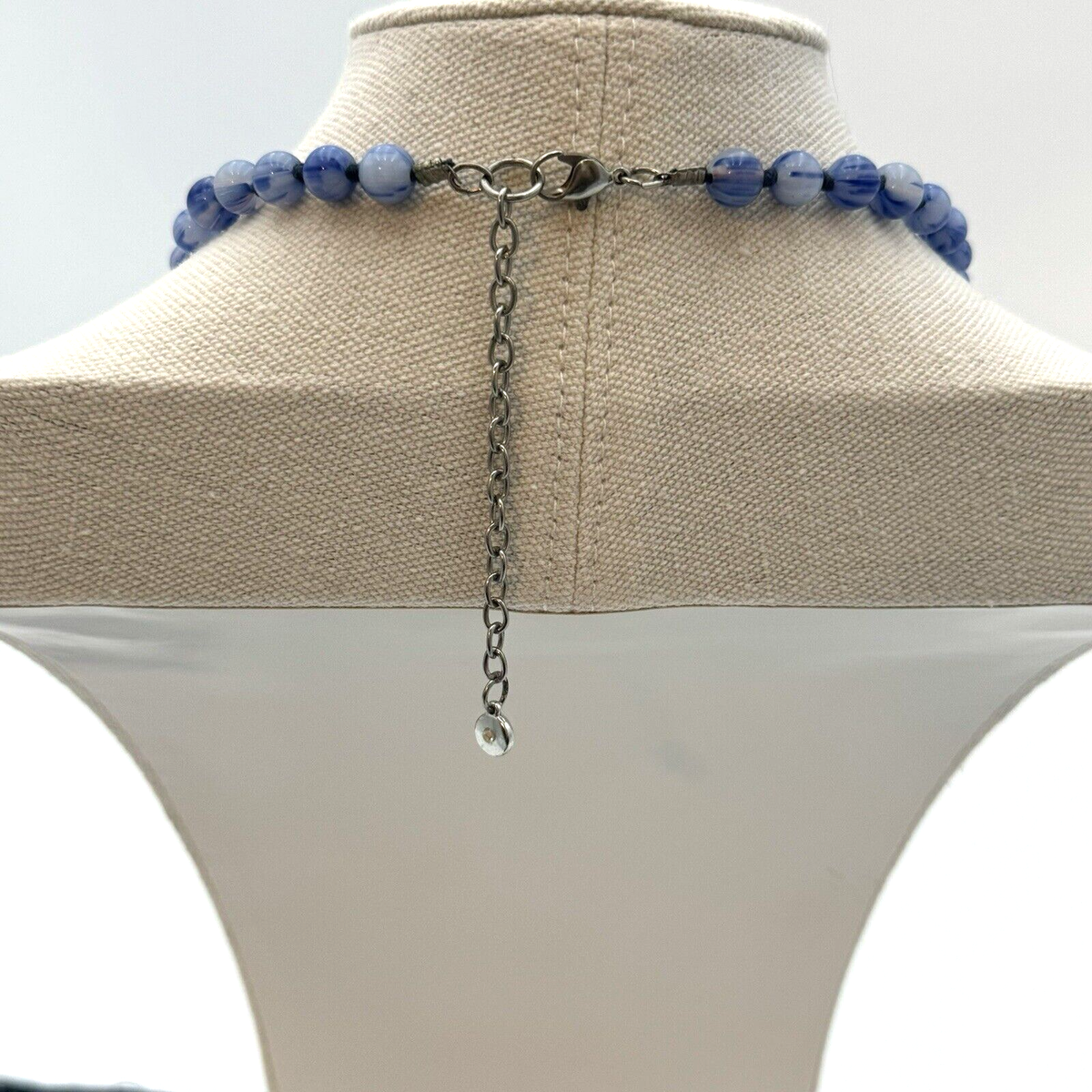 C 1946 Necklace Blue White Swirl Glass Beads Tassel Silver