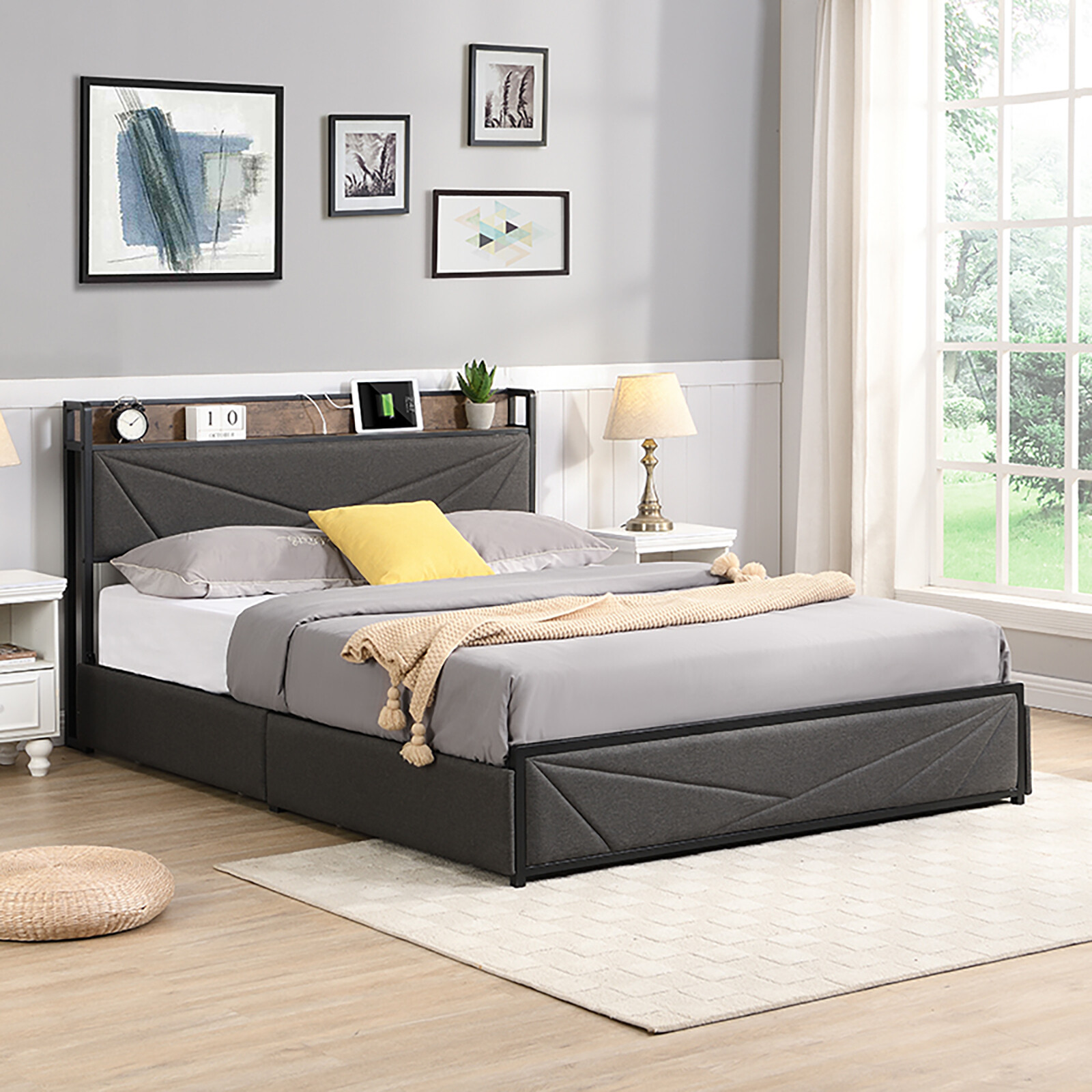 Queen Bed Frame with Storage Headboard, Upholstered Metal Platform Bed Frame eBay