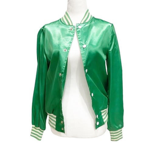 VINTAGE Emerald Green Track Jacket Silky Baseball Satin Bomber Varsity College - Picture 2 of 7