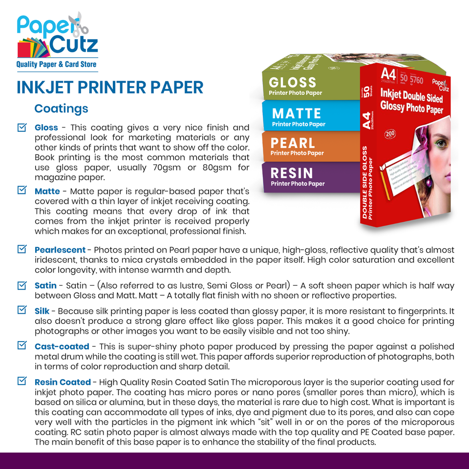 A4 INKJET PHOTO PAPER FULL RANGE GLOSS MATTE, PAPERCUTZ PROFESSIONAL ...