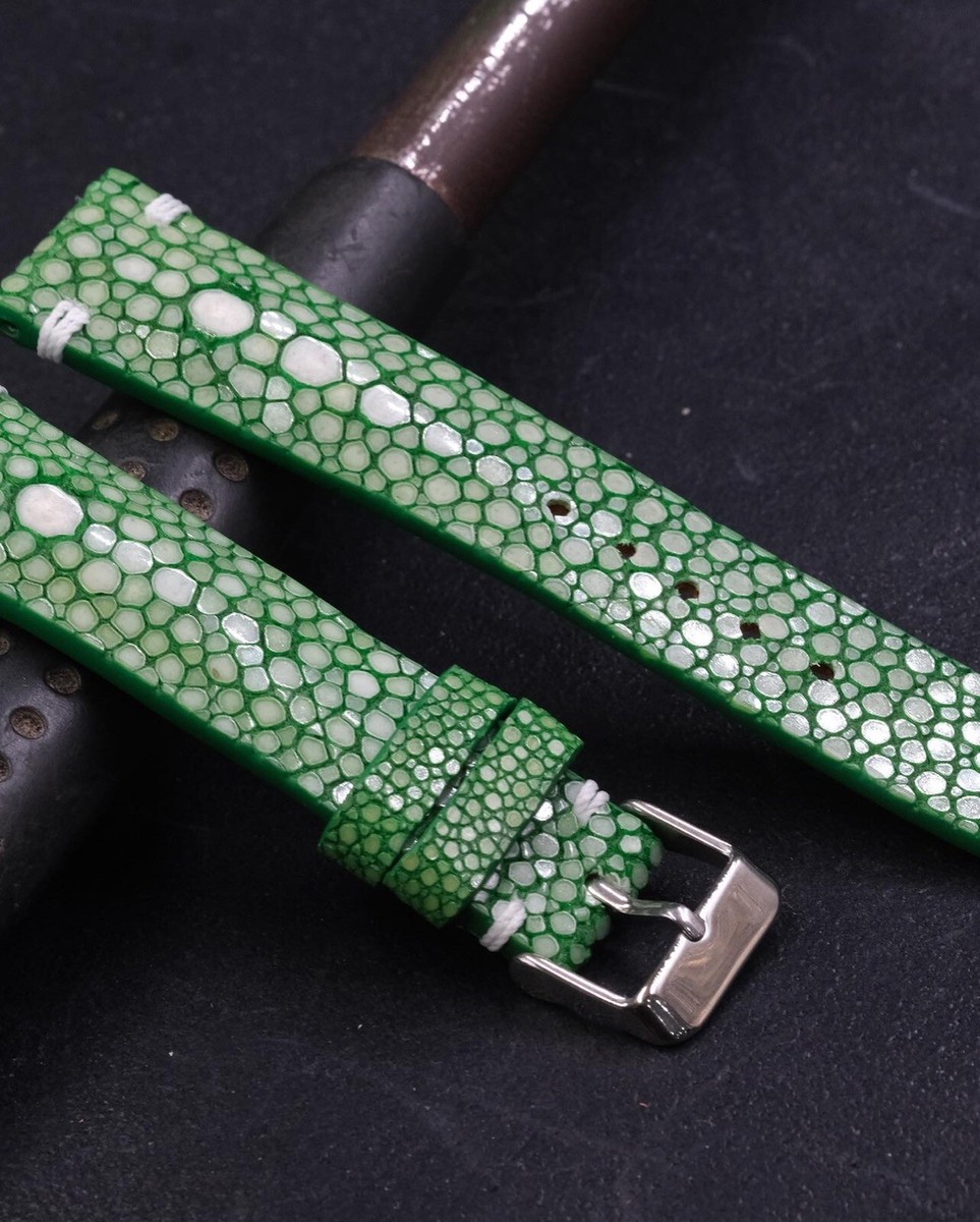 Double Pearl Green Stingray Leather Handmade Watch Strap Band for