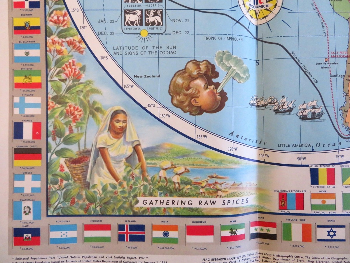 Cartoon pictorial World Map 1964 McCormick Spices promotional