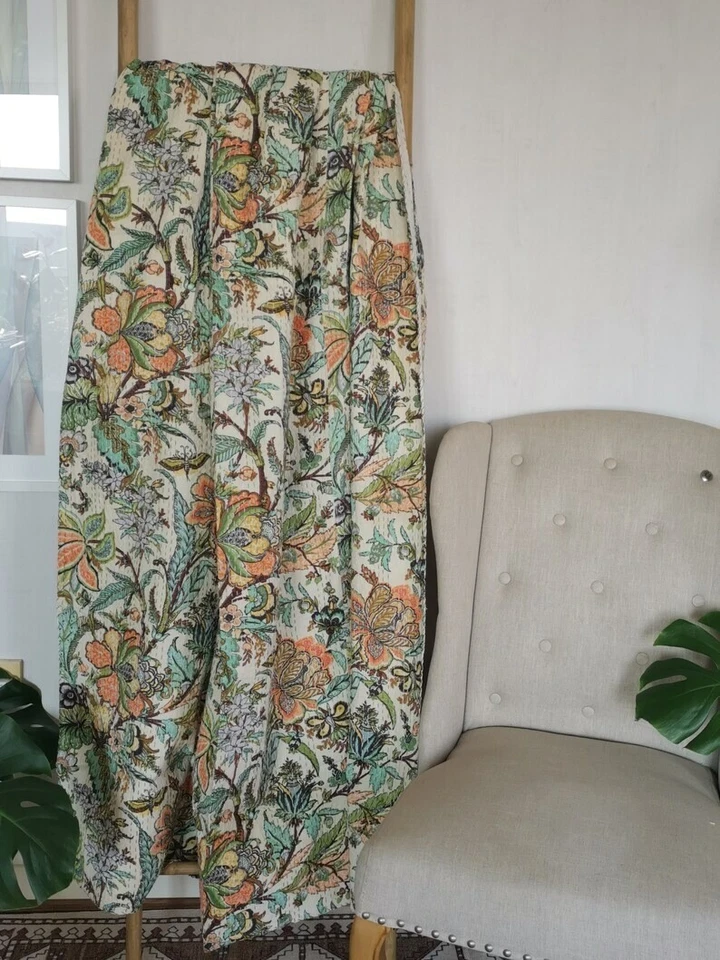 White Butterfly Print Indian Kantha Quilt Twin Cotton Blanket Vintage Bedspread - Image 4 of 4