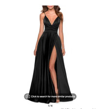La Femme Navy Blue Long Satin W/ Side Slit V- Shaped Back Evening Dress Sz 2