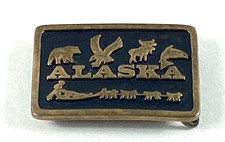 Vtg Alaska Belt Buckle Brass Dog Sled Eagle Salmon Bear Moose Anacortes
