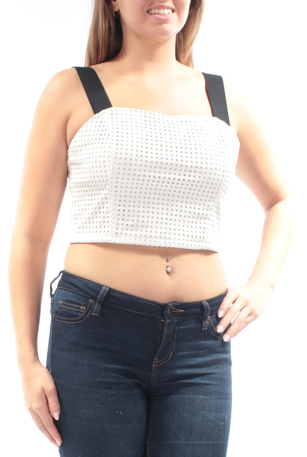 KIIND OF Womens White Sleeveless Square Neck Crop Everyday Top Size: L
