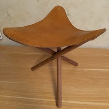 Vintage Leather Tripod Saddle Folding Safari Stool With Folding Wooden Legs