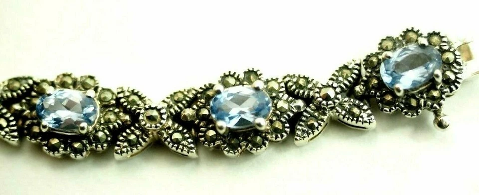 女士 118 石蓝色黄玉 Marcasite Link 手链纯银 — 第 4/4 张图片