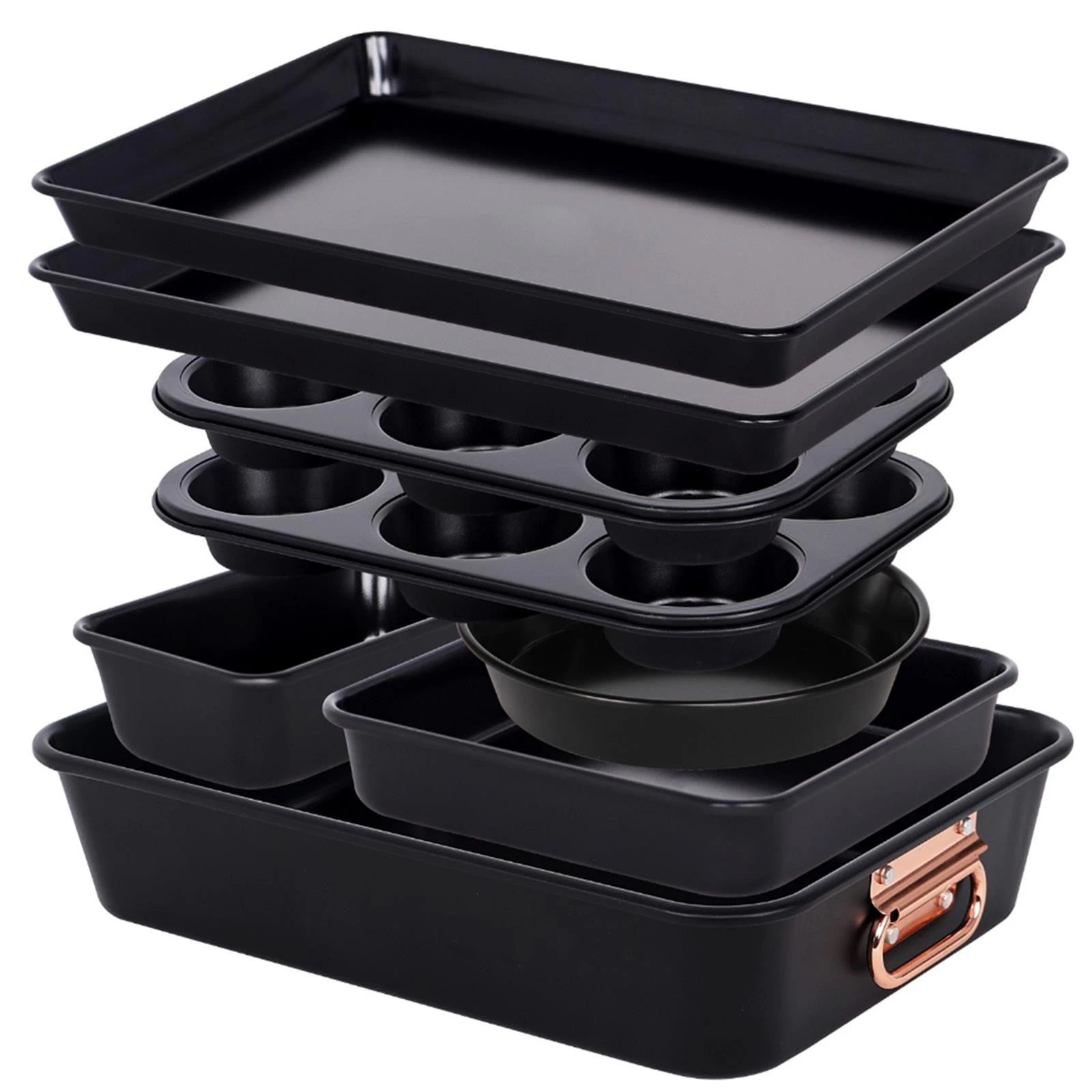 8pc Non Stick Bakeware Set Stackable Black Muffin Tray Loaf Pan Roaster Oven Set