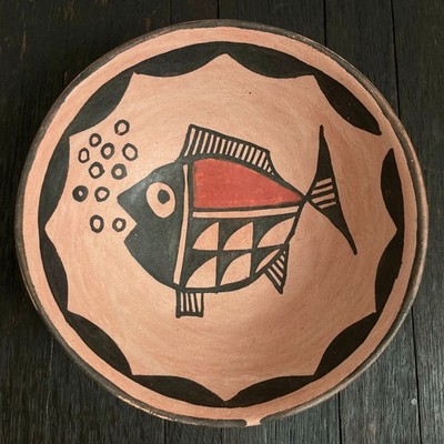 Alte ABEL & CAROL CALABAZA Hopi Indianer handbemalt Ton Fisch 8'' Schale sehr guter Zustand