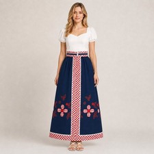 Vintage 70s Mod Folk Maxi Skirt Navy Gingham Floral Applique High Waist XS S