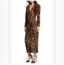 WAYF Leopard Print Wrap Midi Dress Tie Accent V-Neck Long Sleeve Brown S