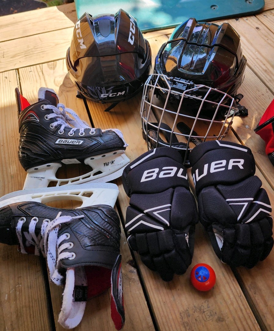 Hockey equipment gear 2 helmets 1 kids skates size y11 used and more gear