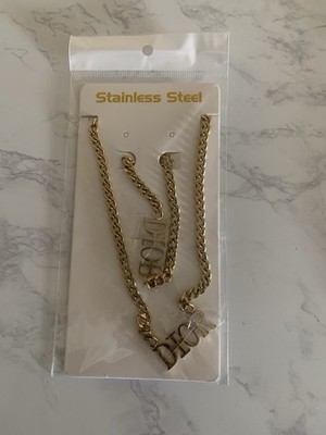 Gold Tone Stainless Steel Cuban Link Necklace Letter Pendant Lobster Clasp