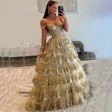 Luxury Puffy Gold Evening Dresses Off Shoulder Sweetheart Layered Prom Gowns