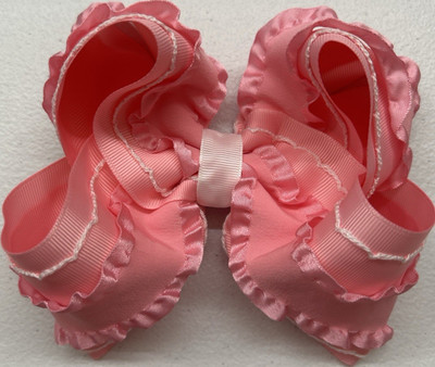 Girls Pink Solid Ribbon Hair Bow w/ Ruffle Trim, Handmade, One Size