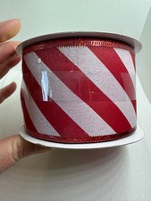 Red White Diagonal Stripe Wired Ribbon 2.5" x 25 Ft Christmas Decor
