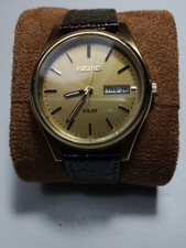 Seiko Solar Day Date SNE036 Gold Brown Leather Strap Men's Watch