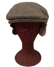 Vtg Collins Hute Made Scotland Harris Tweed Wool Herringbone Trapper Cabbie Hat