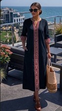 Plus Size Linen Embroidered Dress Women 48-62 EU Loose Summer Maxi Dress Pockets