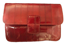 Red Genuine Eel Skin Shoulder Strap Purse With Mirror - 6 3/4" x 4 1/2"