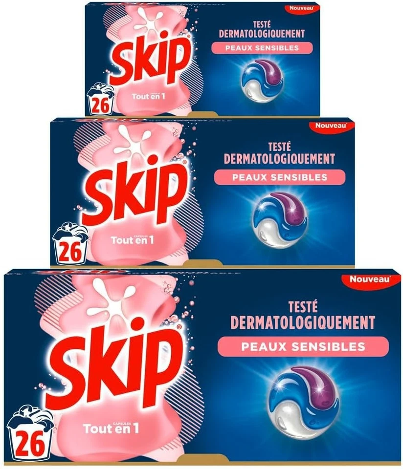 Lessive Skip Capsules Tout en 1 Peaux Sensibles - Boîte 26 Lavages