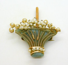 Victorian 9ct Gold, Pearl & Resin Set Flower Basket Brooch Pin Antique c1890