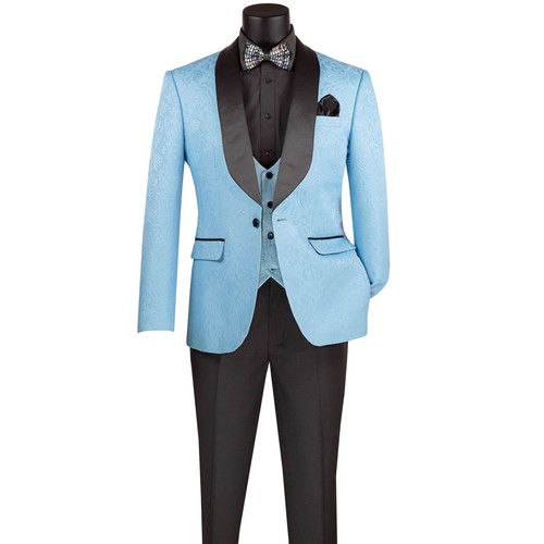 VINCI Men's Light Blue Jacquard 3 Piece Slim Fit Tuxedo Wedding Suit NEW - Picture 4 of 4