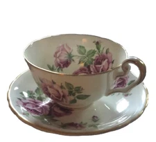Tea Cup & Saucer Victoria Bone China England C & E Pink Open Rose Gold Trim