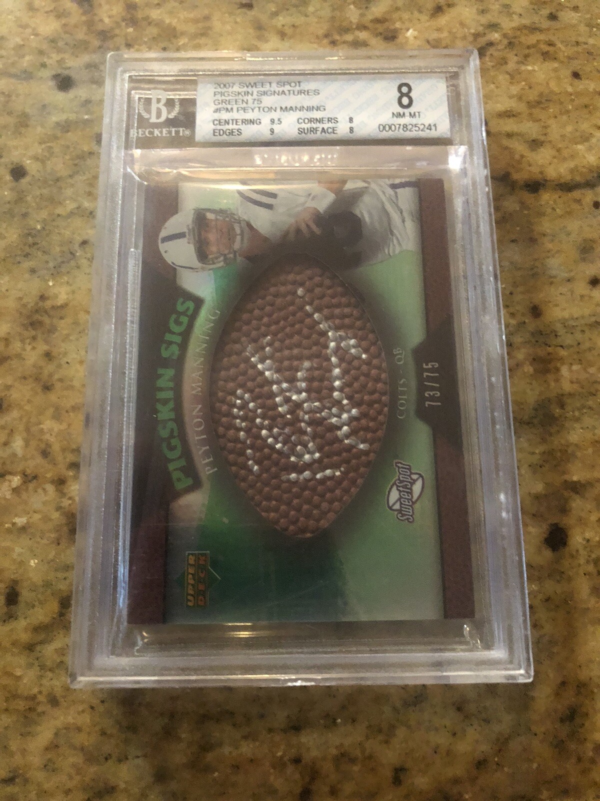 Patrick Mahomes 2007 SWEET SPOT PEYTON MANNING PIGSKIN SIGS GREEN AUTO 73/75 BECKETT 