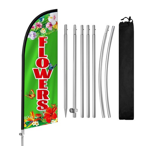 Flowers Swooper Flag 8FT Advertising Banner with Pole Kit Ground Spike and Bag