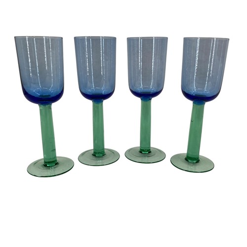 Kunstglas Menge 4 Weinkelch Gläser 8" grüner Stiel & kobaltblaue Schale