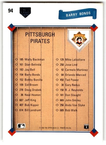 1991 Upper Deck CL Barry Bonds #94 Pittsburgh Pirates - Picture 2 of 2