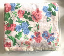 Vintage Unbranded FLORAL Blanket FULL Nylon Trim Roses Trellis Blue Pink USA NEW