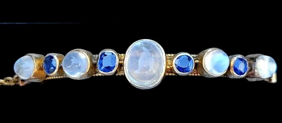 Антикварный браслет из золота 15 карат с лунным камнем и сапфиром 12,5 г - Изображение 4 из 4