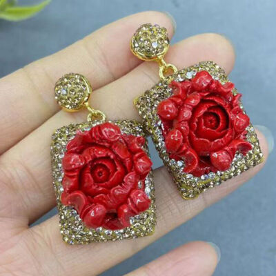 South Sea Red Shell Carved Peony Flower Earrings Ring Bracelet Pendant Necklace
