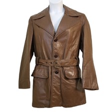 Lakeland 38 Leather Usa Made Brown Trench Coat Belted Boho Mod Lined