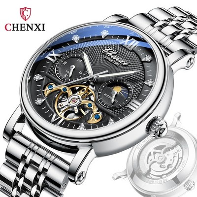 CHENXI Men's Stainless Steel Moon Phase Tourbillon Automatic Mechanical Watch