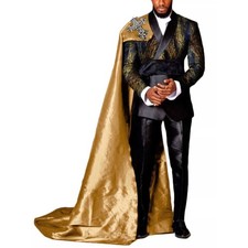 Men Gold Jacquard Suit Shawl Lapel with Belt Cape Tuxedo Double Breasted Custom