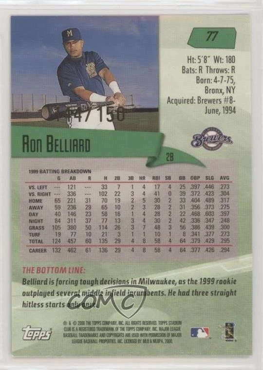 2000 Topps Stadium Club One of a Kind /150 Ronnie Belliard Ron Belliard #77 - Image 2 of 2