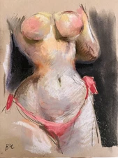 9x12 Pastel Painting French Boudoir Cubism On Paper Original Signed BVC