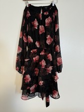 Simply Vera Vera Wang Black Pink Floral Sheer Round Neck Ruffle Tiered Dress L