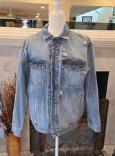Free People Denim Trucker Jacket Distressed Studded Women  s Oversized Medium