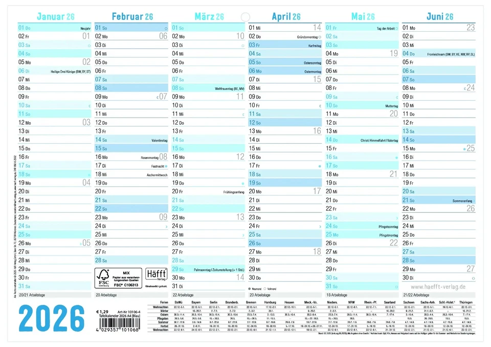 HAEFFT VERLAG Häfft Haefft 2026 Tafelkalender DinA4 HV 10106-4 Jahresübersicht blau