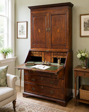 Victorian Oak Bureau Bookcase Georgian Revival Inlaid Writing Desk c1890 Tall