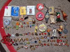 100 Items Mainly Pin Badges - Bundle JOB LOT Mixed designs Various Keyrings etc